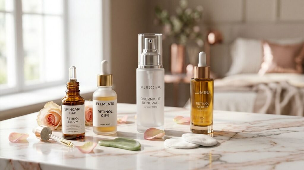 Premium retinol serum bottles arranged on marble surface with natural lighting