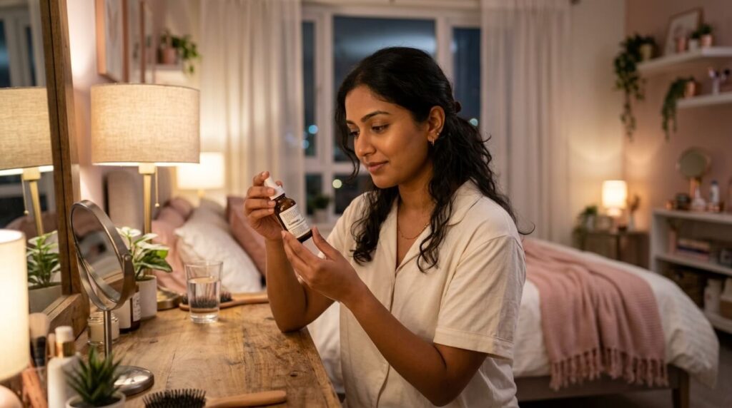 South Asian woman examining retinol serum bottle label during evening skincare routine