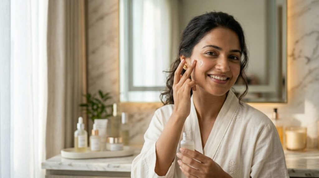 South Asian woman with glowing skin applying vitamin C serum in morning skincare routine
