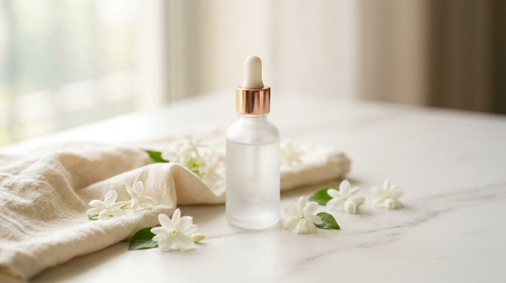 Niacinamide serum bottle with natural ingredients backdrop for Indian skincare routine