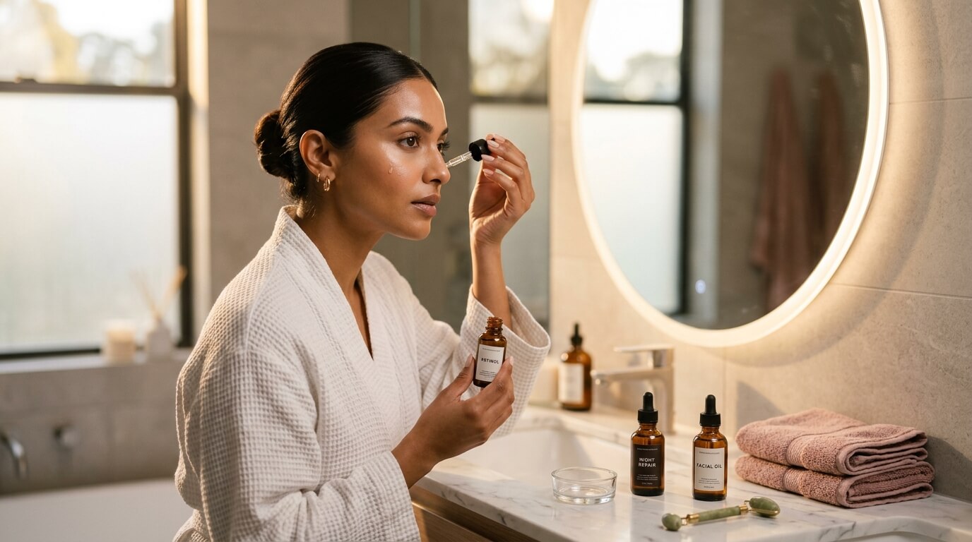 Beautiful Indian woman applying retinol serum during nighttime skincare routine in modern bathroom