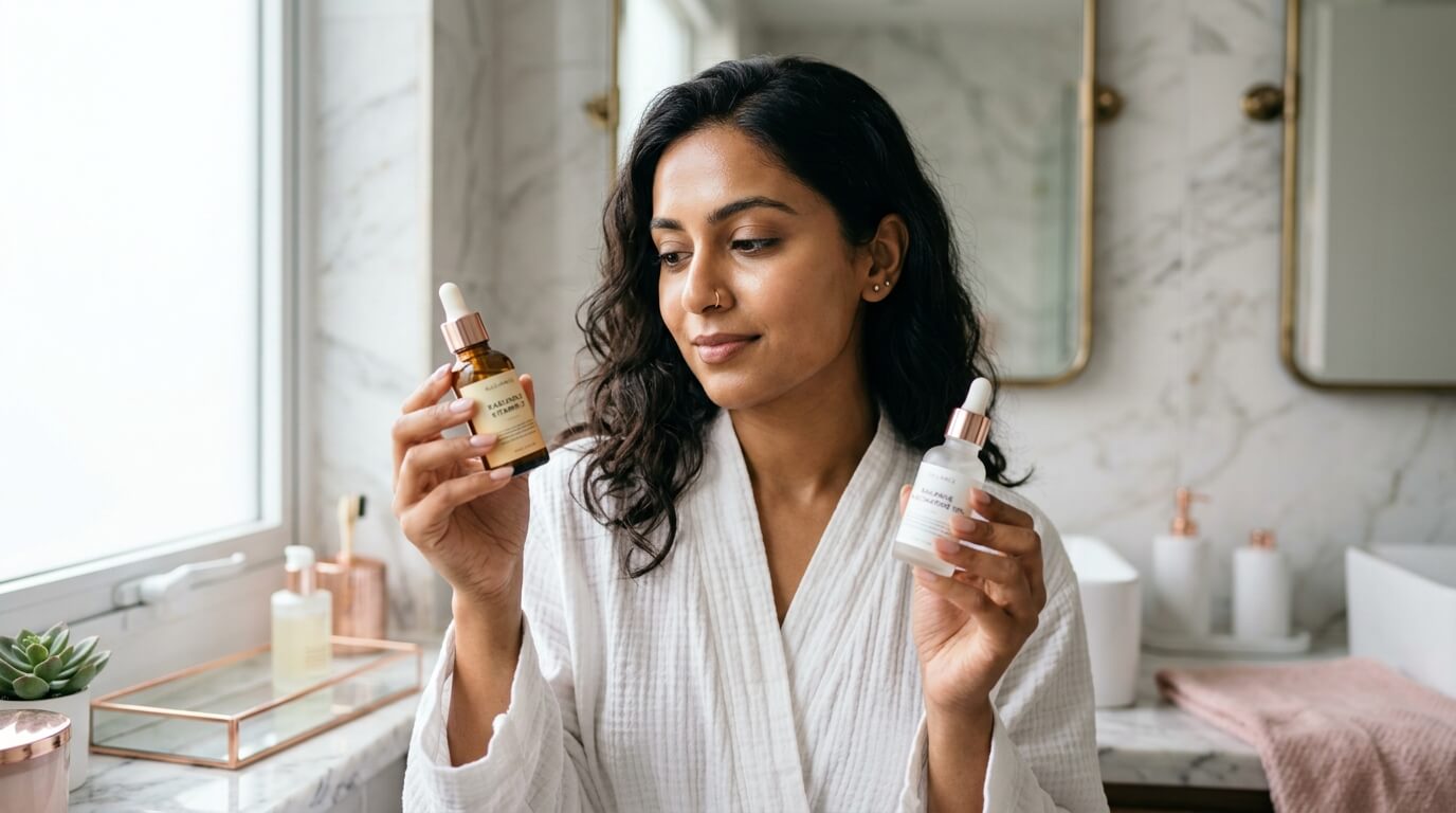 Beautiful South Asian woman applying niacinamide and vitamin C serums on face in morning skincare routine